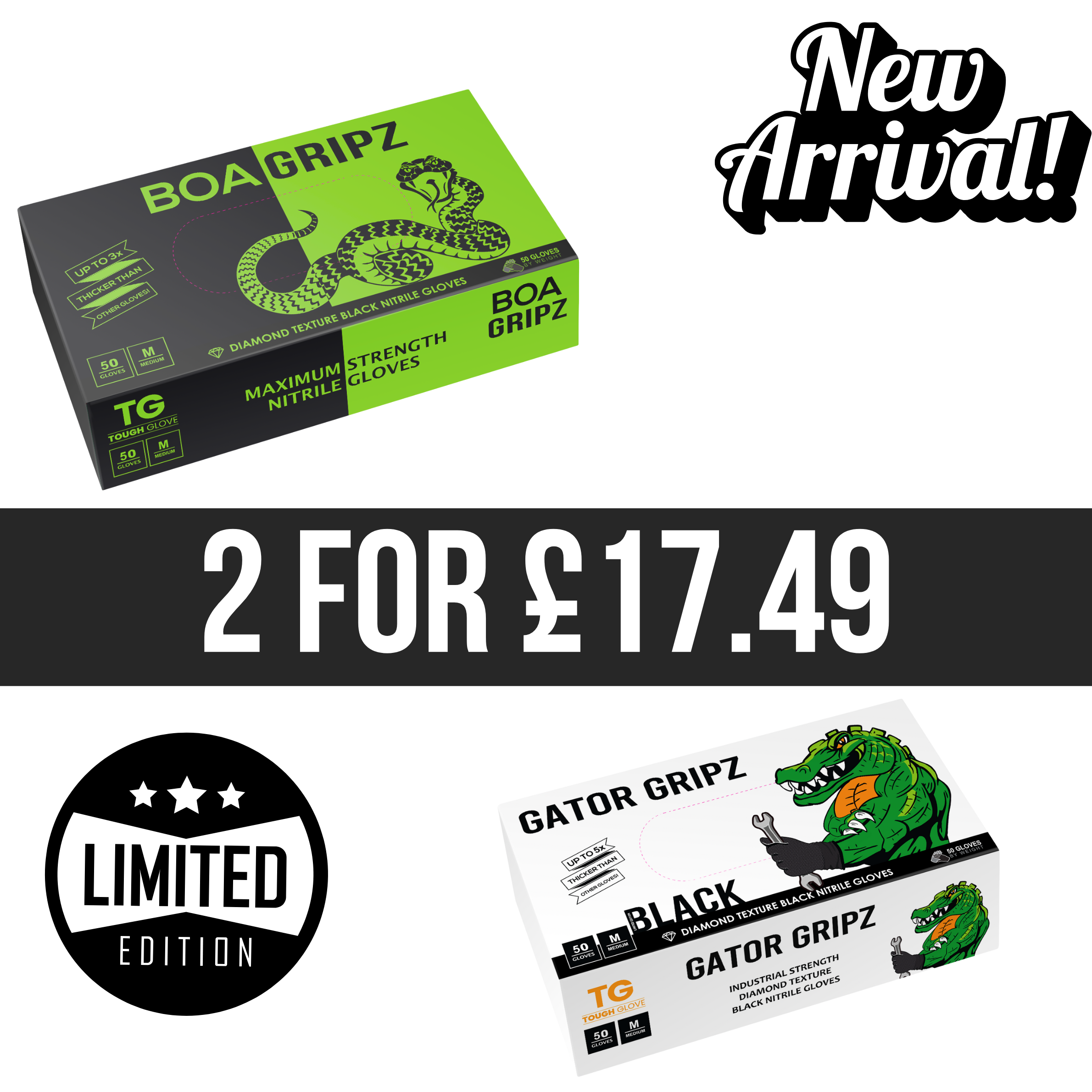 New Arrivals Bundle (100 Gloves) - 1 Box of Black Gator gripz (50 Gloves)+  1 Box of Boa Gripz (50 Gloves)