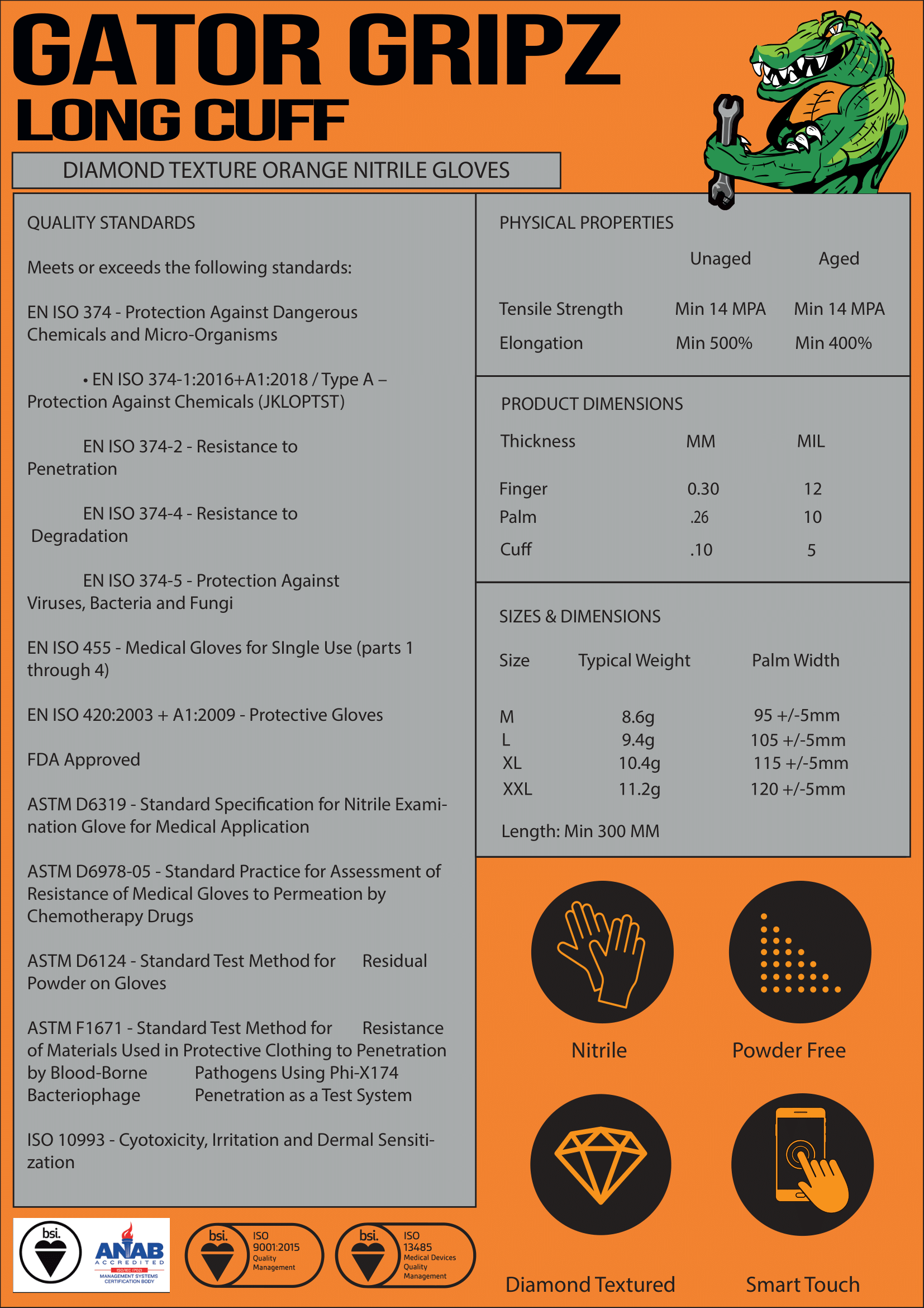 Gator Gripz LONG CUFF - By Tough Glove -  BOX OF 50